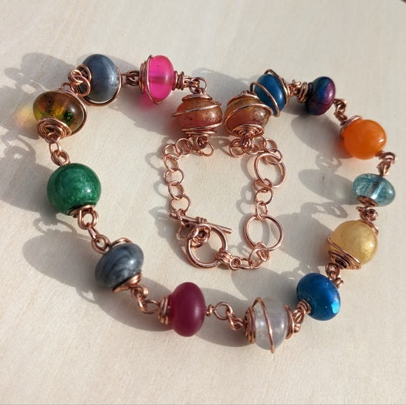 Artisan Jewelry - Rose Gold Rainbow Resin Beads Wire Wrapped Necklace Handmade Unique Cute